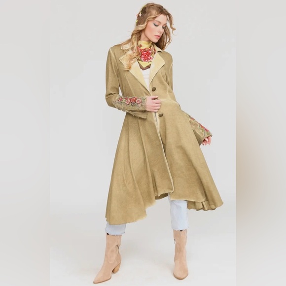 Aratta Floral Embroidered Trench Coat in Tan - Picture 4 of 12